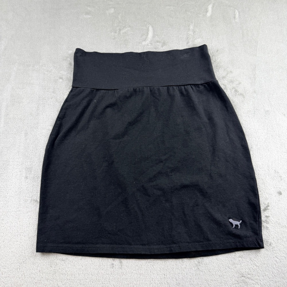 PINK Victoria's Secret Women's M Black Jersey Mini Skirt Wide Waistband Dog Logo